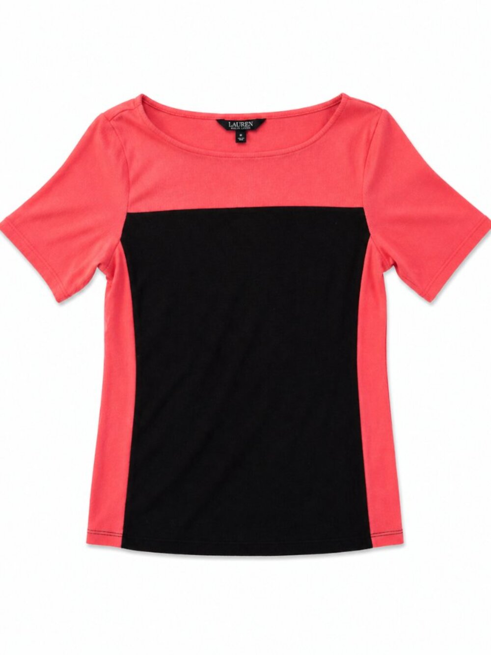Ralph Lauren Women's Coral and Black Fitted Color Block T-Shirt, Size Medium